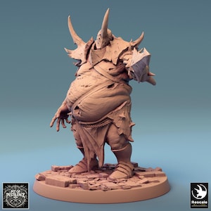 May include: A detailed miniature of a grotesque, fleshy, and armored creature with horns and a shield. The miniature is painted in shades of brown and beige, and is set on a circular base.