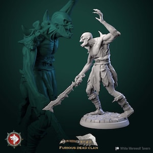 Könnte beinhalten: Graue, 3D-gedruckte Figur eines Skelettkriegers mit einem gezackten Schwert in einer dynamischen Pose. Eine weitere ähnliche Figur befindet sich im Hintergrund. Die Basis ist eine steinartige Plattform. Der Text "Furious Dead Clan" ist sichtbar.