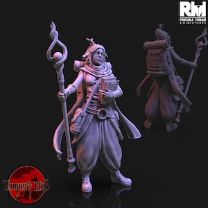 May include: A grey 3D printed miniature of a female figure with a staff, a book, and a backpack. The figure is wearing a hooded robe and trousers. The miniature is printed in a grey plastic.