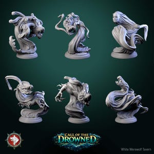 May include: Six grey fantasy figurines with flowing forms, possibly representing water spirits or ethereal beings. The figures have detailed faces and dynamic poses. The image includes the text "CALL OF THE DROWNED" and a logo.