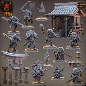 May include: A collection of miniature figurines and architectural models, including a Japanese temple, torii gates, and various warrior figures. The miniatures are gray and detailed, with some holding weapons. The logo "Thorns of the Rift" is visible.