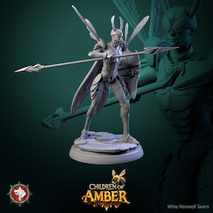 May include: A grey figurine of a humanoid insect warrior, holding a spear and shield. The figure has insect-like wings and a helmet. The base of the figurine is round. The logo "CHILDREN OF AMBER" is at the bottom.