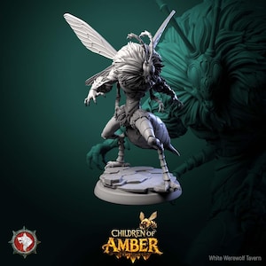 May include: A detailed, grey miniature figure of a humanoid insect creature with large wings, insect-like legs, and a furry chest. The figure is posed on a stone base. The "Children of Amber" logo is visible.