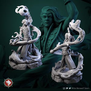 May include: A light grey resin miniature figurine of a fantasy character with long hair, wearing a tunic and trousers, standing on a stone base. The character has one arm raised, surrounded by swirling, flowing magical energy effects.