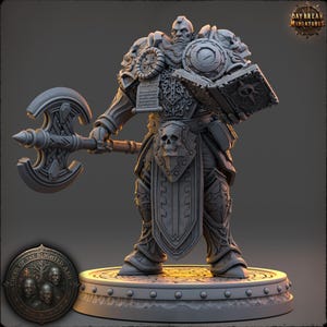 May include: A detailed gray miniature figure of a warrior holding a double-bladed axe and a book. The figure is adorned with armor, skulls, and intricate designs. The base has the text "Choir of the Blighted Ash."