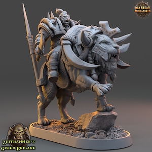 Orc Rian Haaz on Cutter Cat - Tabletop DnD Miniature - 28 mm, 32 mm with matching base - Zeithammer’s Green Brigade- Daybreak Miniatures