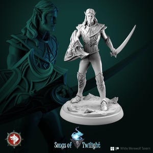 May include: A grey figurine of an elf warrior, holding a sword and shield. The elf is wearing armour and stands on a circular base. The image includes the text "Songs of Twilight" and a logo for "White Werewolf Tavern."