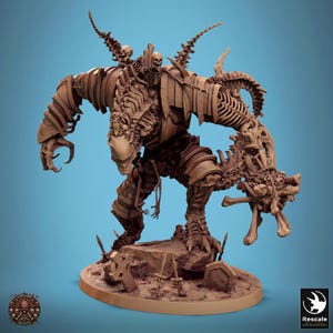May include: A detailed skeletal creature with multiple skulls and bones, standing on a base with swords and a tombstone. The creature is made of a brown, clay-like material.