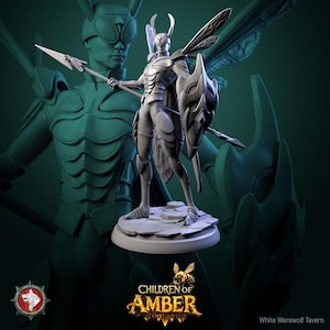 May include: A grey figurine of a humanoid insect warrior, holding a spear and shield. The figure has insect-like wings and armour. The base of the figurine is a rocky terrain. The logo "CHILDREN OF AMBER" is visible.
