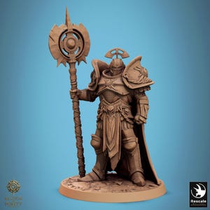 May include: A detailed brown figurine of a warrior in full armor, holding a staff with a circular emblem. The figure has a helmet, shoulder pads, and a flowing cape. The base has the text "Bastion Purity" and the Rescale logo.