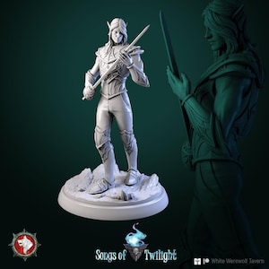 Può includere: Una statuetta bianca dettagliata di un personaggio simile a un elfo che tiene una spada, in piedi su una base rocciosa. La figura indossa un'armatura e ha i capelli lunghi. Le parole "Songs of Twilight" sono visibili.