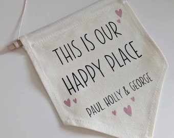 New Home Gift, Happy Place Pennant Flag, Personalised Home Decor, This is Our Happy Place Pennant, Family Home Decor Gift