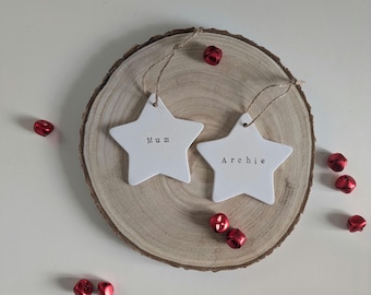 Personalised Ceramic Star Ornament with Custom Name, Personalised Gift Decoration, Hanging Star with Jute Twine