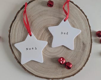 Personalised Ceramic Star With Name, Personalised Gift Decoration, Hanging Star with Red Ribbon