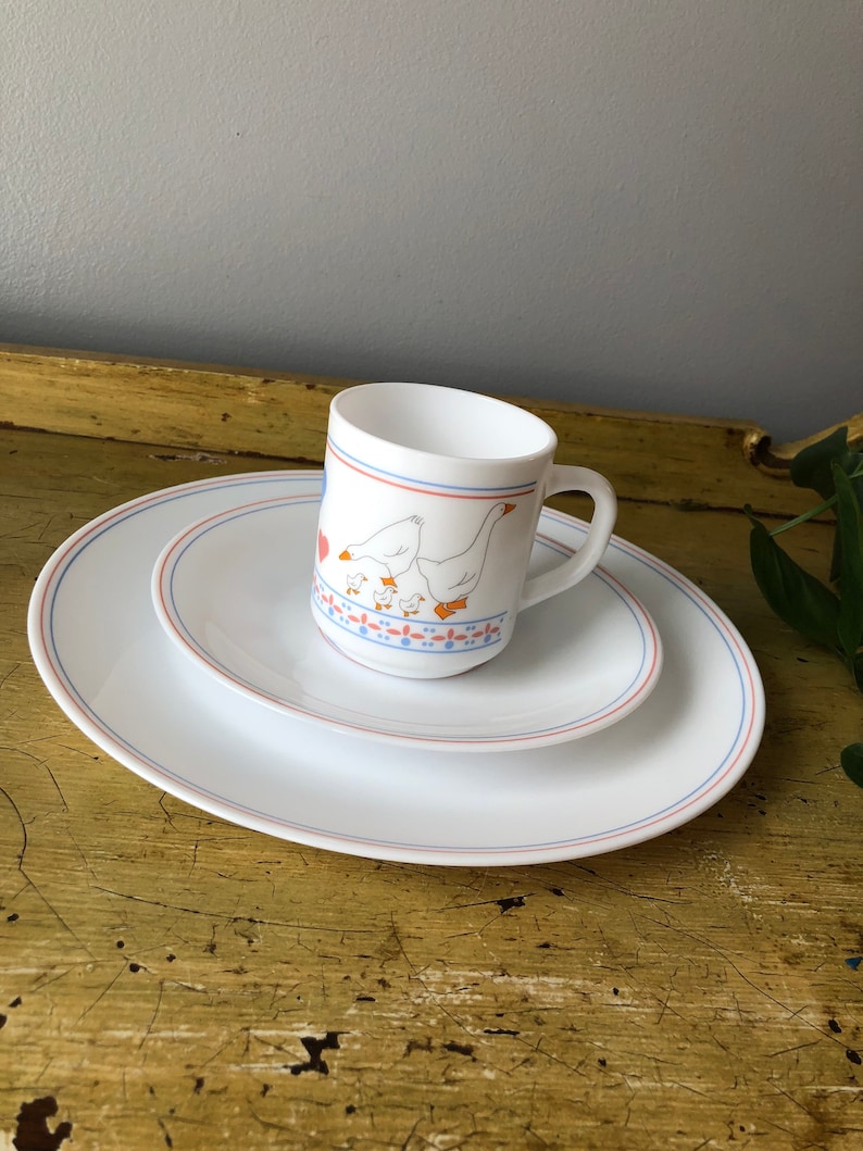 Vintage Country Geese And Hearts Milk Glass Set Of Twelve Dishes image 10