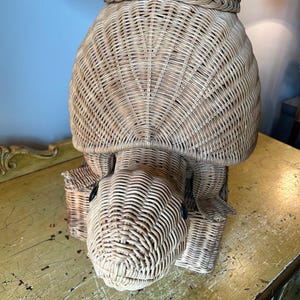 May include: A woven wicker turtle-shaped basket with a textured surface. The turtle has a rounded shell, a detailed head with black eyes, and four legs. The basket is light brown and appears to be handmade.
