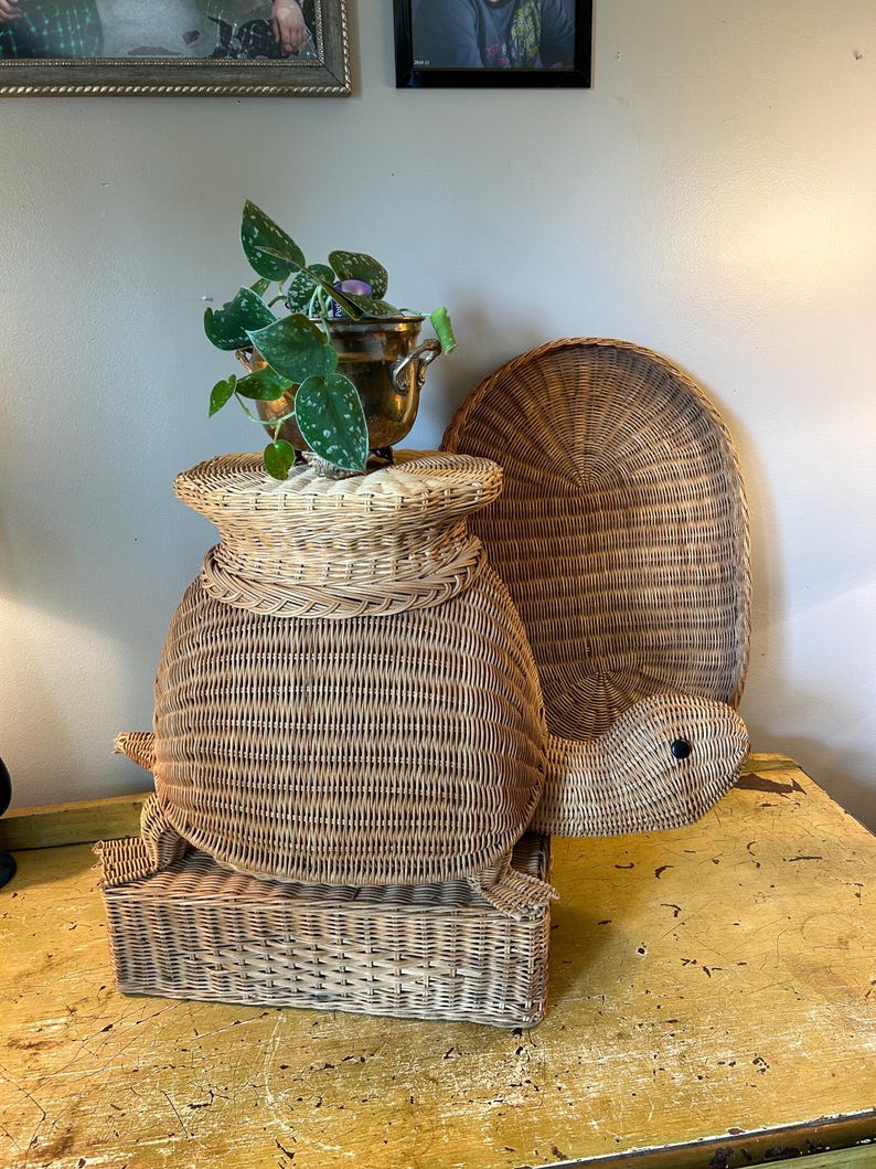 May include: A woven wicker turtle-shaped storage basket with a lid, featuring a turtle head and flipper details. A round wicker tray and a small brass planter with a plant are also visible.