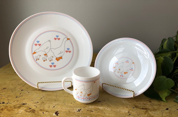 Vintage Country Geese And Hearts Milk Glass Set Of Twelve Dishes