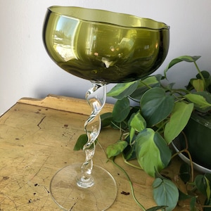 Vintage Olivine Italian Empoli Optic Glass Compote With Twisted Stem
