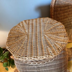 May include: A collection of woven wicker baskets in various sizes and shapes. The baskets are light brown and have a natural, textured appearance. The image showcases the intricate weaving patterns and the overall rustic aesthetic.