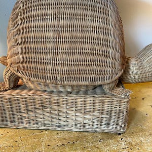 May include: A woven wicker turtle-shaped basket with a rectangular base. The turtle has a rounded shell, a head with a black eye, and four small feet. The basket is light brown and appears to be handmade.