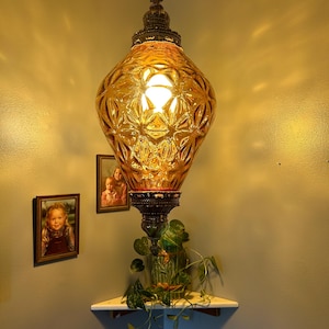 Large Vintage Amber Glass Swag Lamp