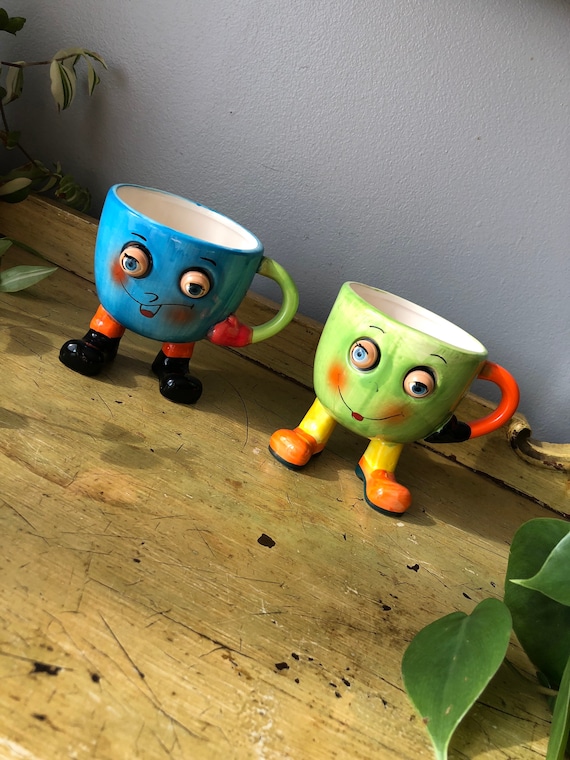 Paar Schrullige Gesichter Vintage Trinket Geschirr, kleine Überpflanzungen, Sukkulenten Übersteller