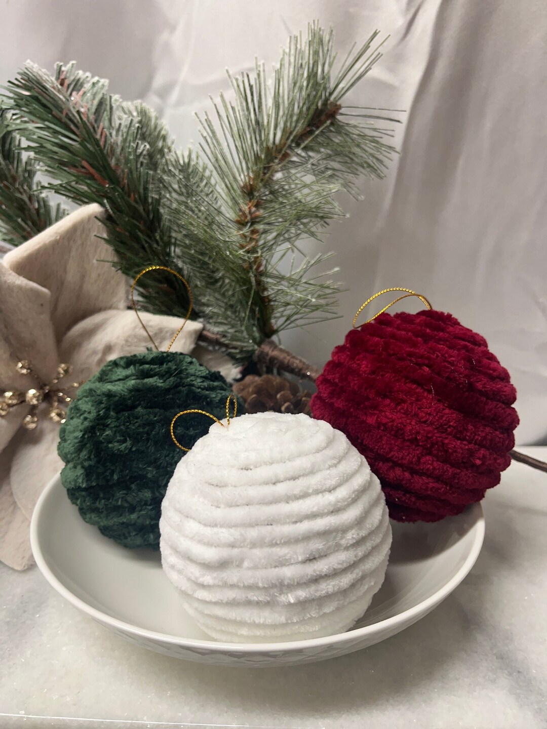 Velvet Ornaments, Yarn Ornaments, Yarn Decor, Christmas Velvet