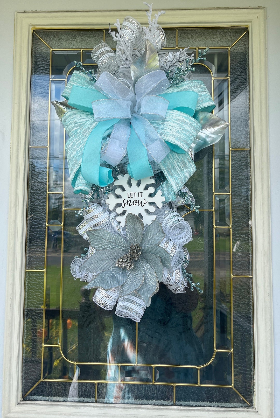 Christmas Door Swag Winter Door Swag Teal & Silver Wreath Etsy