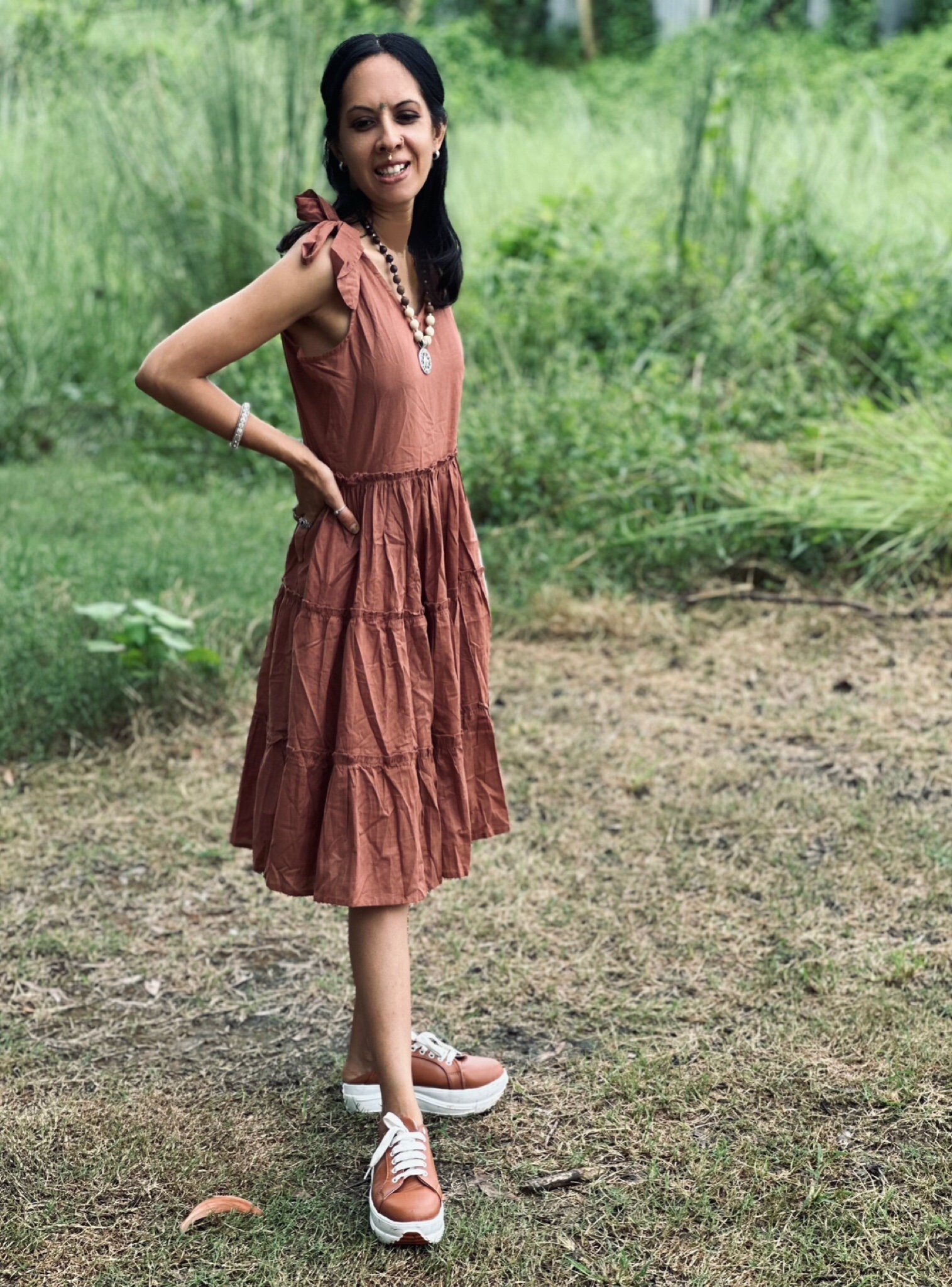 brown tie up dress Timeless Grace Brown Tie-Front Midi Dress main image 0