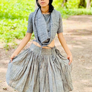 Midi skirt, Khadi Cotton skirt, Skater skirt, gray skirt, women skirt, knee length skirt, pleated skirt, layered skirt