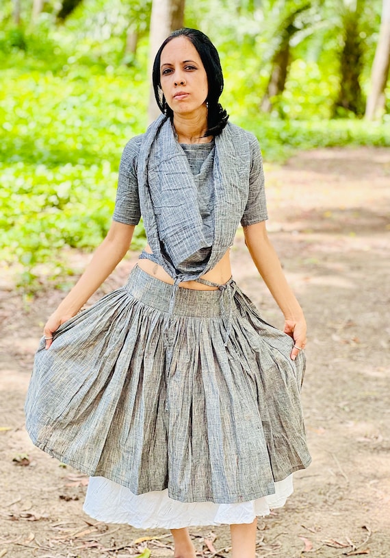 Midi Skirt Khadi Cotton Skirt Skater Skirt Gray Skirt Women Skirt Knee Length Skirt Pleated Skirt Layered Skirt Etsy Canada