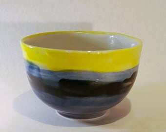 Yellow and blue porcelain bowl for tea, coffee, milk or cereal