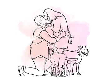 Familie Linie personalisierte Zeichnung vom Foto, personalisierte Linie Zeichnung Line Kunst benutzerdefinierte Familien Porträts Illustration mit Haustieren