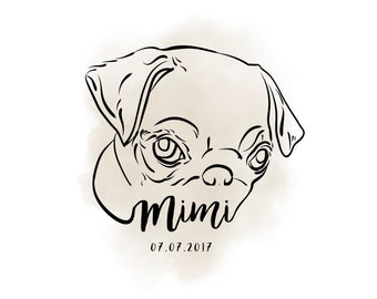 Custom Pet Line Drawing, Half Face Portrait, Memorial Art (Digital Image)
