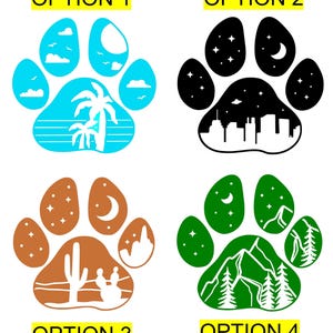 May include: Four paw print designs with different landscape scenes. Option 1 is a blue paw print with a beach scene. Option 2 is a black paw print with a city skyline. Option 3 is a brown paw print with a desert scene. Option 4 is a green paw print with a mountain scene.