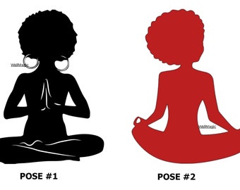 May include: Two silhouettes of a person with curly hair in a seated meditation position. The left figure is black with hands in a prayer pose, labeled POSE #1. The right figure is red with hands in a mudra gesture, labeled POSE #2. Text WallMagic is visible.