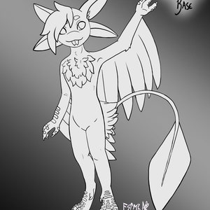 May include: Line art drawing of a winged creature with a long tail, standing on two legs. The creature has large ears, a small mouth, and a feathery chest. The drawing is labelled "Kita Avali Base".