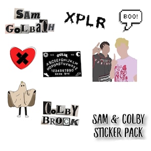 May include: A sticker pack featuring illustrations of Sam and Colby, two popular YouTubers. The pack includes stickers with their names, a ghost, a heart with a cross, a Ouija board, and a speech bubble that says "BOO!"