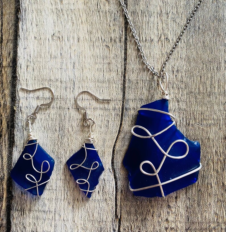 Royal Blue Upcycled River Sales sold out Glass Wi Earrings and Necklace Silver