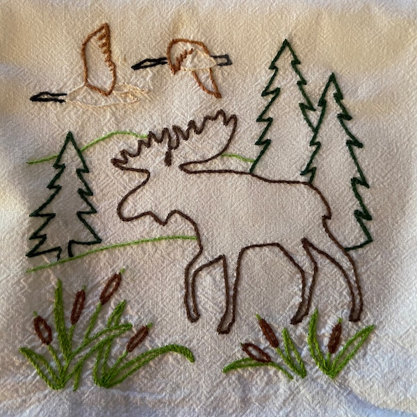 Hand Stitched Moose and Geese Flour Sack/ Tea towel