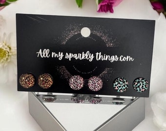 Cheetah Print Surgical Steel Studs: 3 Pair Pack, Lightweight Earrings