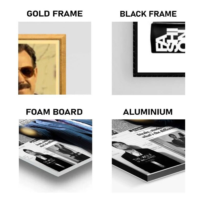 May include: Four product samples: a gold framed picture, a black framed picture, a foam board print, and an aluminum print. The gold frame has a light wood finish. The black frame has white text. The foam board and aluminum prints feature a newspaper-style design.