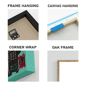 May include: Four images showcasing different aspects of artwork framing. The top left shows a black frame with a metal sawtooth hanger. The top right shows canvas hanging hardware. The bottom left shows a corner wrap. The bottom right shows an oak frame.