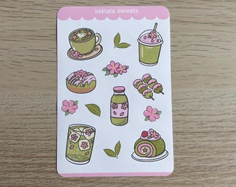 Sakura sweets sticker sheet, planner stickers, journaling stickers, cute sticker sheet, unique stickers, matcha stickers, matcha lover gift
