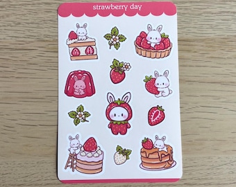 Strawberry Day sticker sheet, planner stickers, journaling stickers, cute sticker sheet, unique stickers, japanese, kawaii, snack stickers
