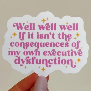 May include: White sticker with a pink cloud shape and gold stars. The text on the sticker reads "Well well well If it isn't the consequences of my own executive dysfunction."