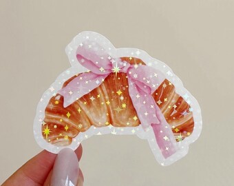 Coquette croissant sticker, coquette, holographic sticker, unique sticker, shiny sticker, cool stickers, aesthetic sticker, pink, soft girl
