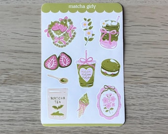 Matcha girly sticker sheet, planner stickers, journaling stickers, cute sticker sheet, unique stickers, matcha stickers, matcha lover gift