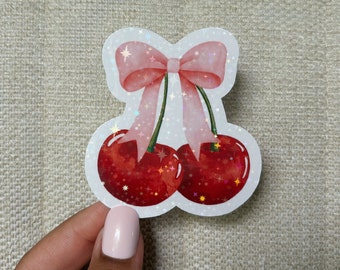 Coquette cherry sticker, coquette, holographic sticker, unique sticker, shiny sticker, cool stickers, aesthetic sticker, pink, soft girl